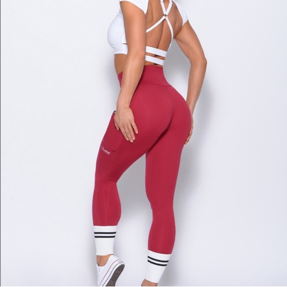 Bombshell Sportswear Pants - Bombshell Sportswear Crimson Leggings with Stripe Accents